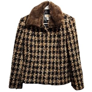Vintage Talbots Wool Blend Jacket Plaid Coat Faux Fur Removable Collar Size 4